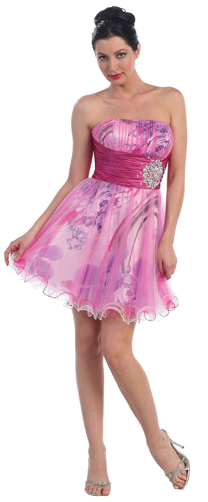Strapless Short Prom Dress with Floral Design — in Fuchsia
