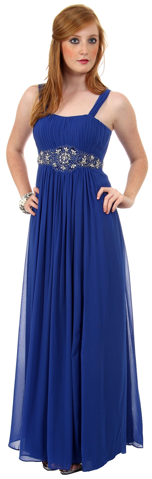 Empire Waist Formal Dress with Bead Accent — in Royal Blue