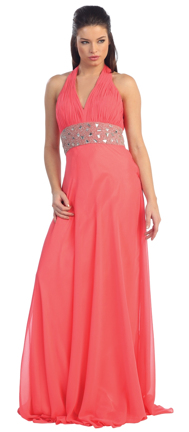 Halter Neck Long Formal Prom Dress with Beaded Waistline