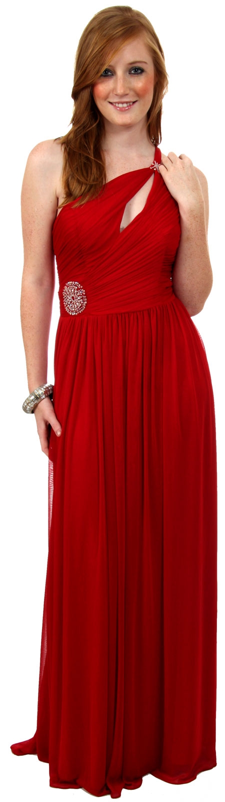 Single Shoulder Shirred Brooch Formal Prom Dress — in Red