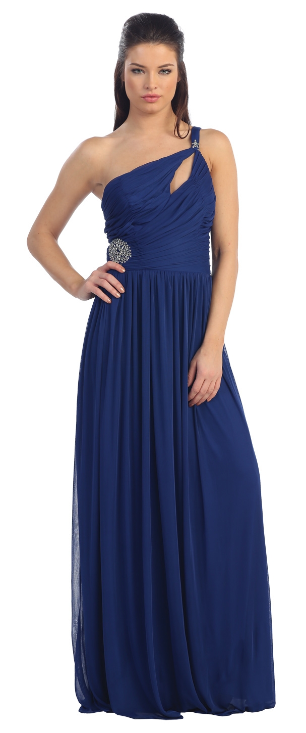 Single Shoulder Shirred Brooch Formal Prom Dress