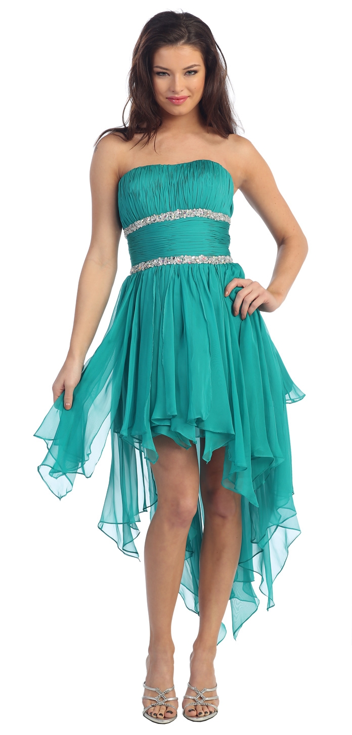 Elegant High-Low Prom Dress with Asymmetrical Hem — in Teal