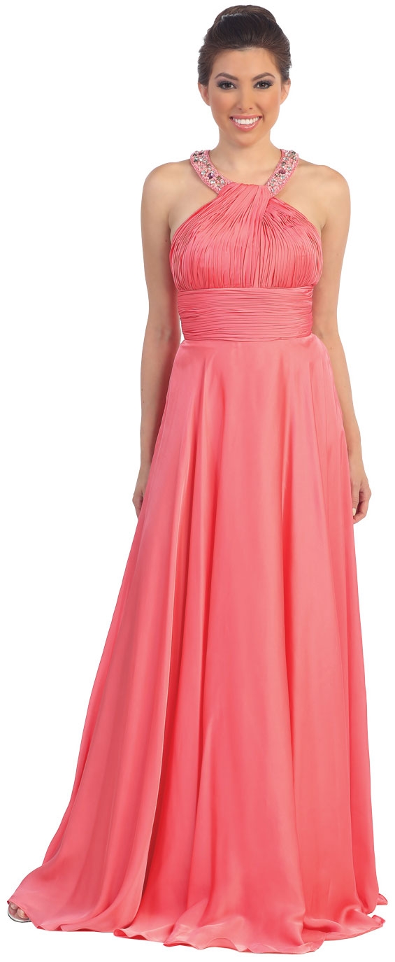 Scoop Neck Floor Length Formal Prom Dress with Racer Back — in Coral