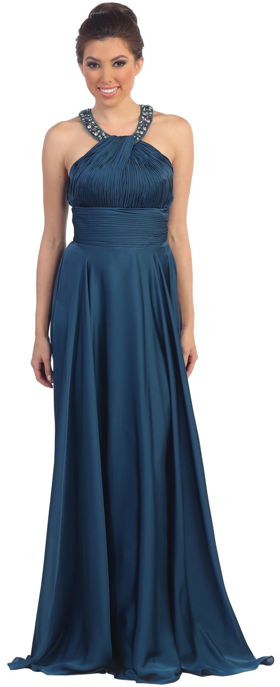 Scoop Neck Floor Length Formal Prom Dress with Racer Back — in Teal