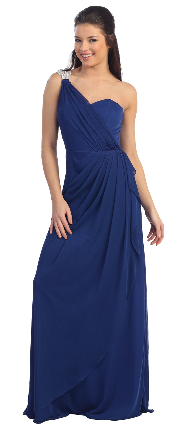 One Shoulder Draped Prom Cocktail Dress with Bejeweled Strap — in Royal Blue