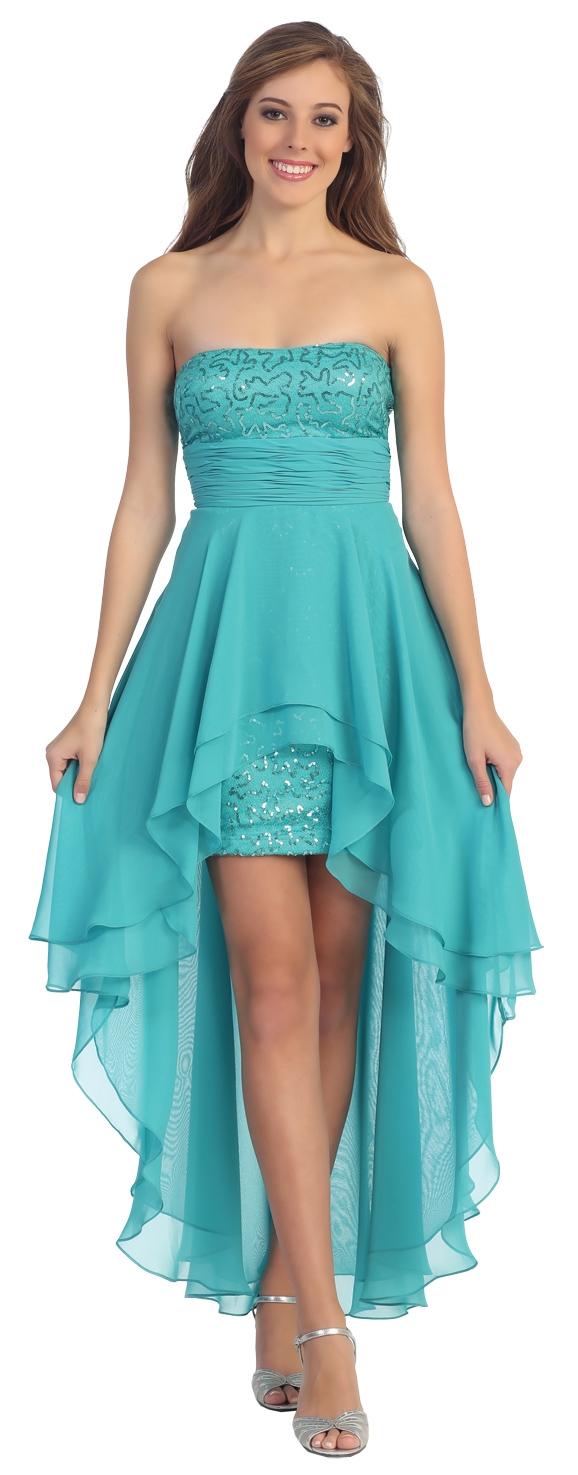 Elegant High-Low Prom Dress with Asymmetrical Hem — in Light Teal