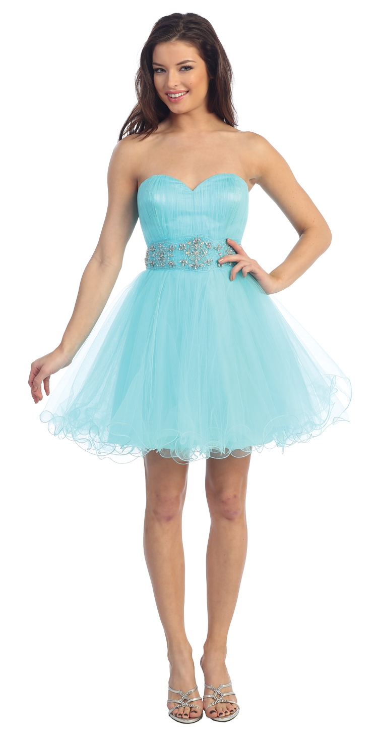 Strapless Mesh Short Prom Dress with Beaded Waist — in Aqua