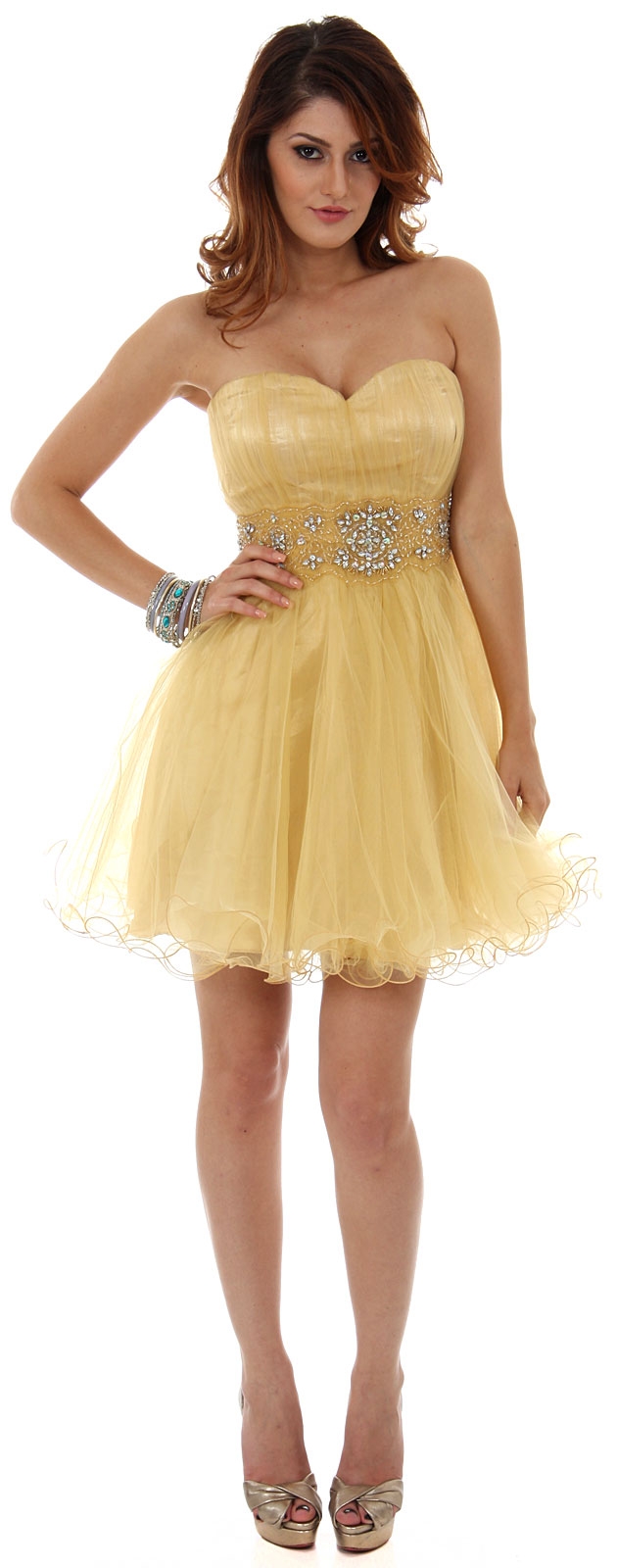 Strapless Mesh Short Prom Dress with Beaded Waist — in Gold