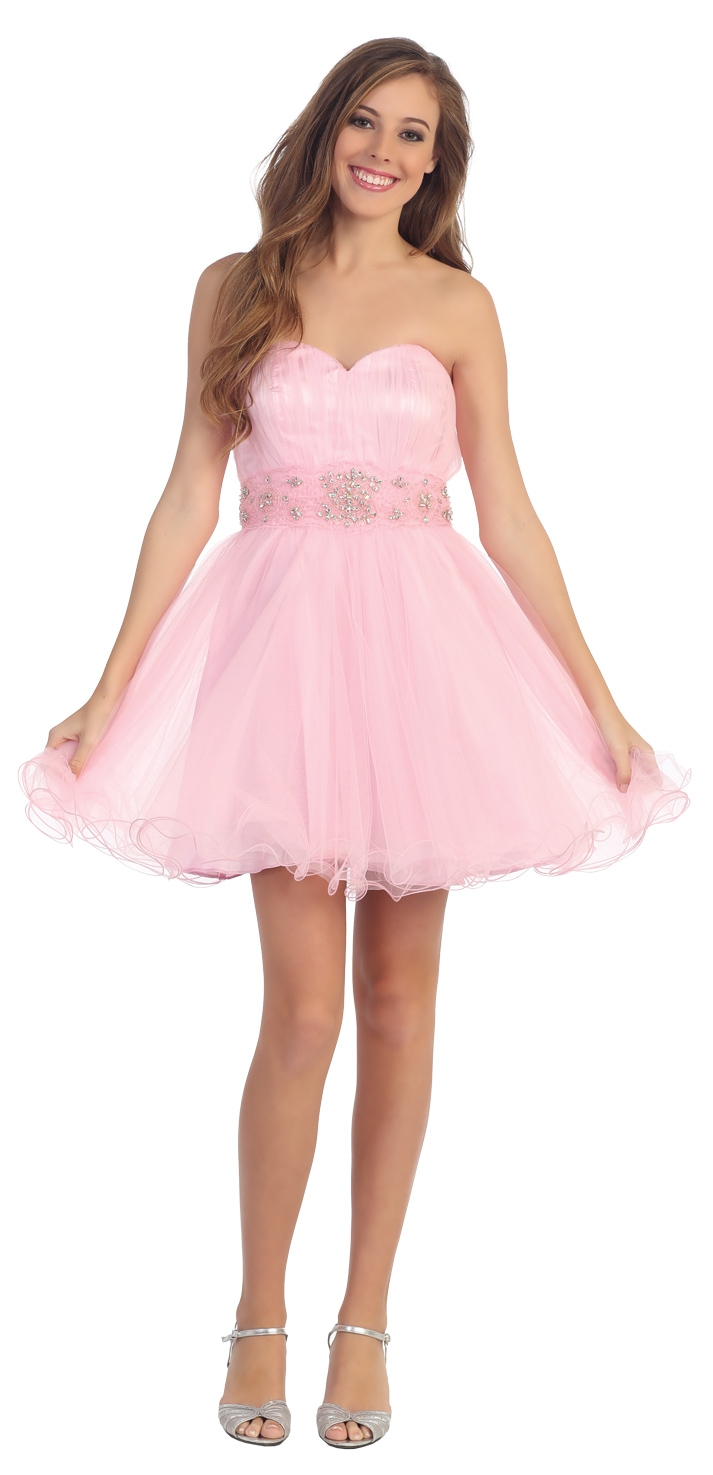 Strapless Mesh Short Prom Dress with Beaded Waist