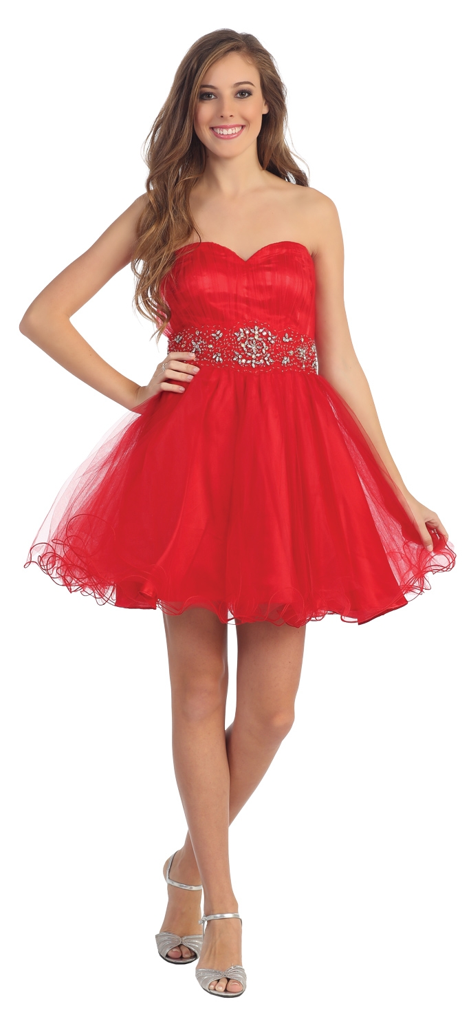 Strapless Mesh Short Prom Dress with Beaded Waist — in Red