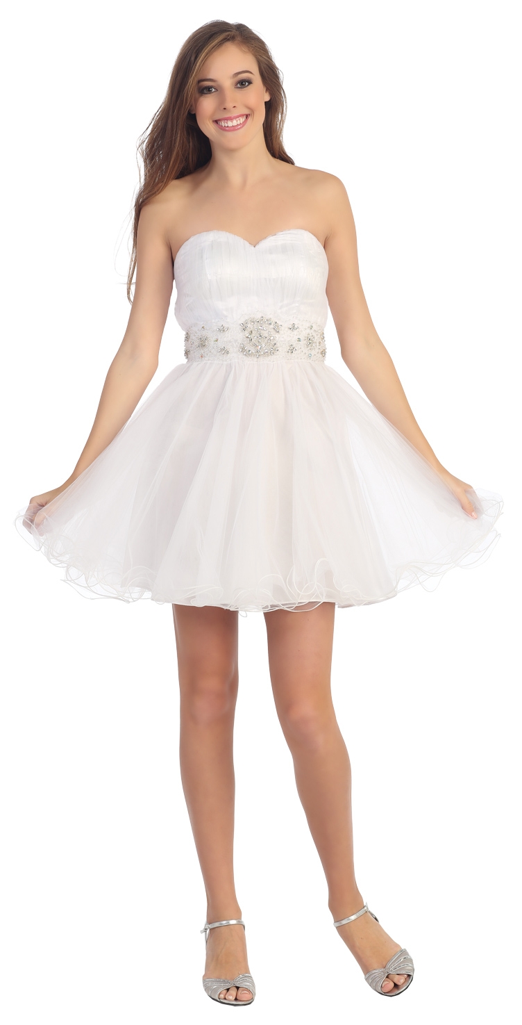 Strapless Mesh Short Prom Dress with Beaded Waist — in White