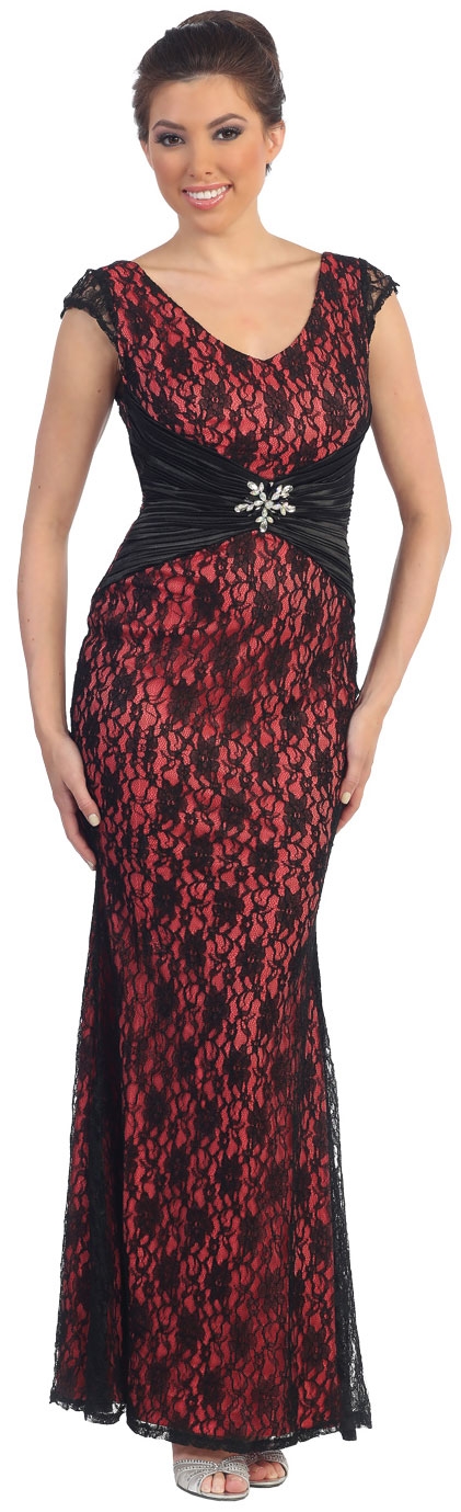 Broad V-Neck Long Formal Dress with Lace Overlay