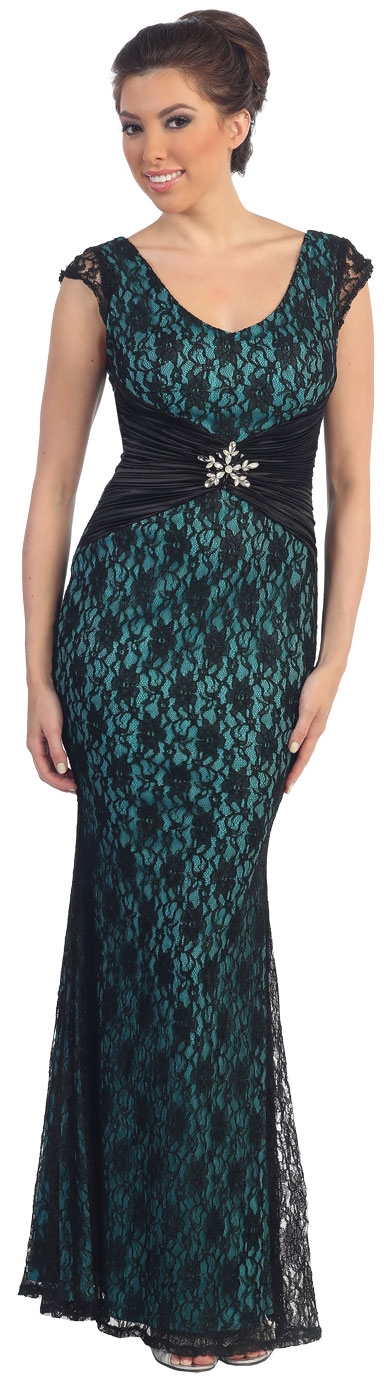 Broad V-Neck Long Formal Dress with Lace Overlay — in Black/Teal