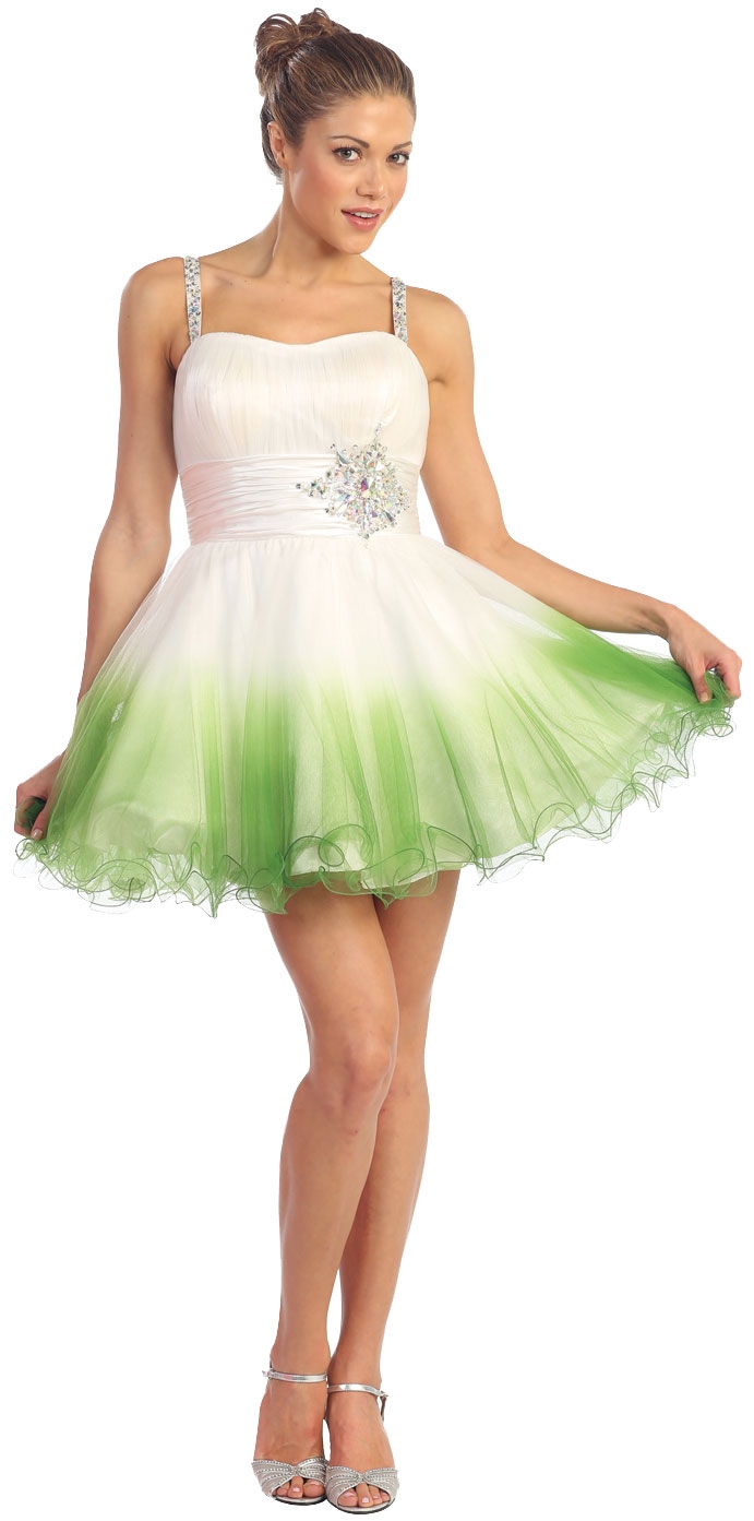 Beaded Straps & Waist Mesh Short Party Dress — in Green