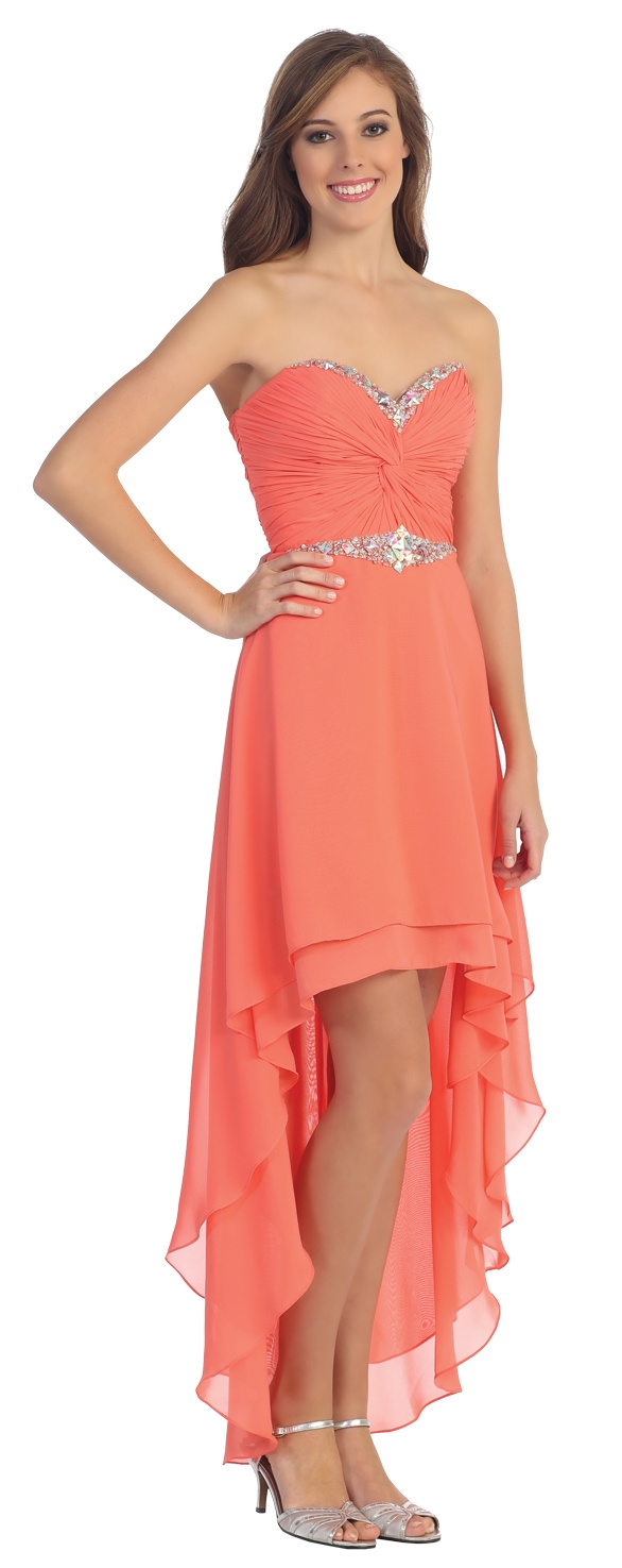 Strapless High Low Formal Prom Dress with Twist at Bust — in Coral