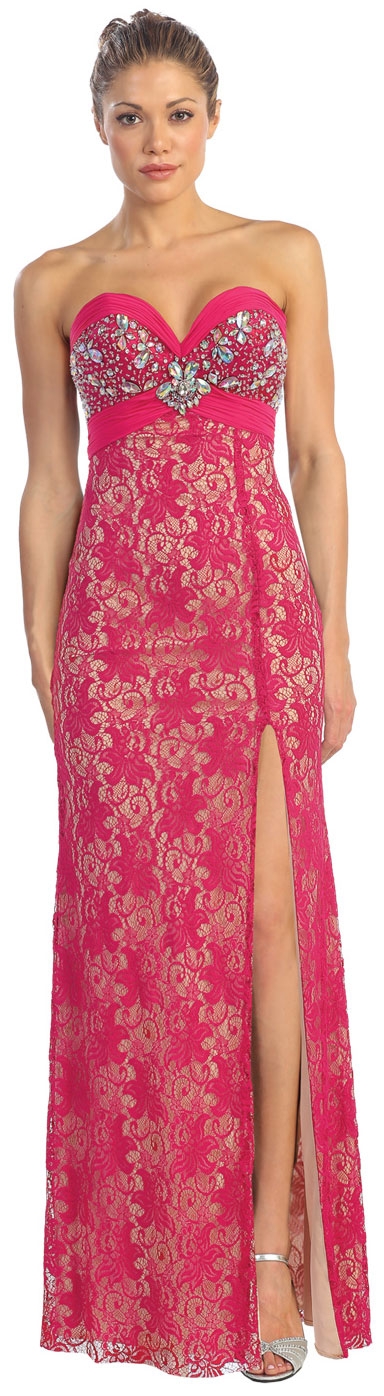 Strapless Long Lace Prom Dress with Chunky Jewels on Bust — in Fuchsia