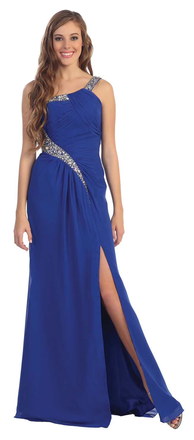 One Shoulder Pleated Jewels Bust Long Formal Prom Dress — in Royal Blue