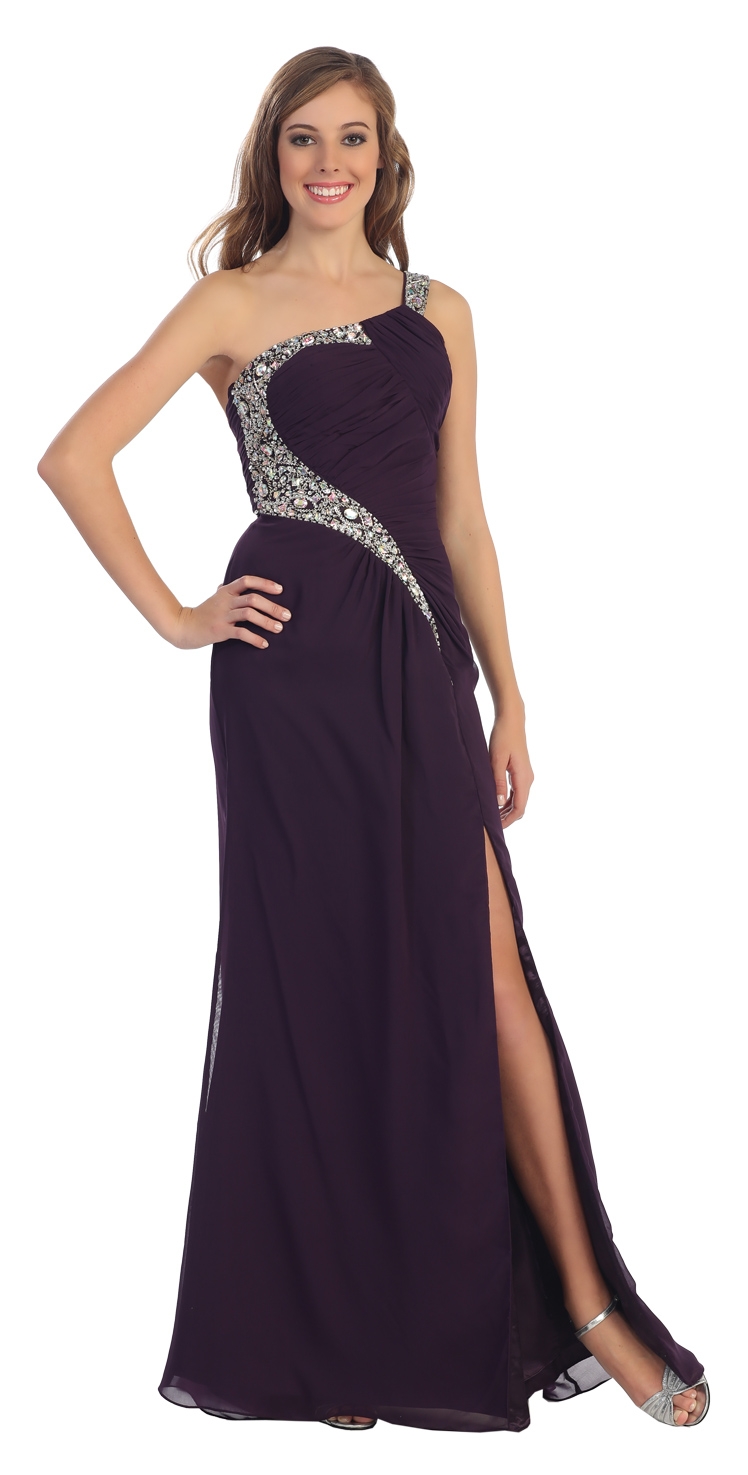 One Shoulder Pleated Jewels Bust Long Formal Prom Dress — in Plum