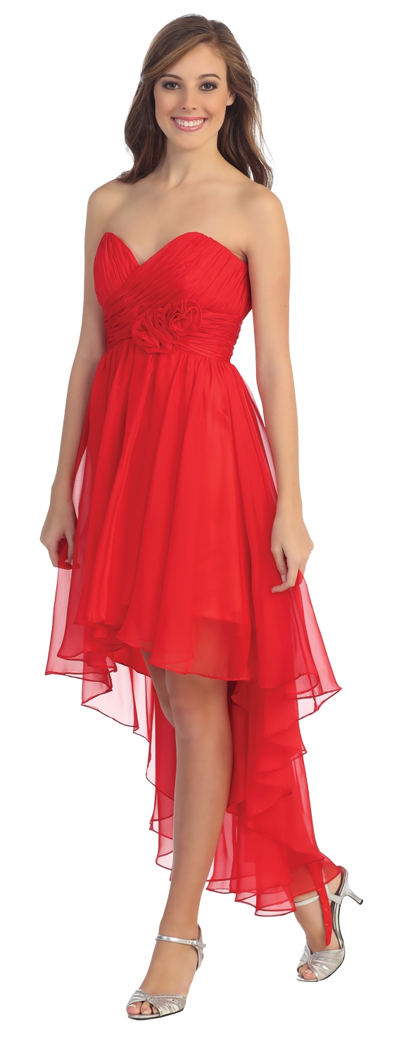 Strapless Floral Accent High Low Cocktail Party Dress  — in Red
