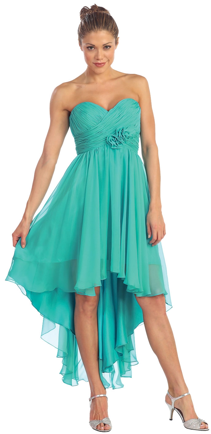 Strapless Floral Accent High Low Cocktail Party Dress  — in Teal