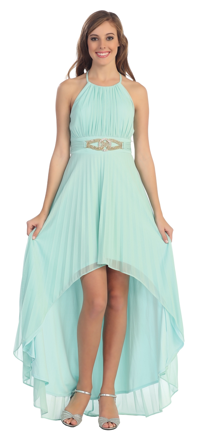 Halter Neck High Low Cocktail Prom Dress with Brooch