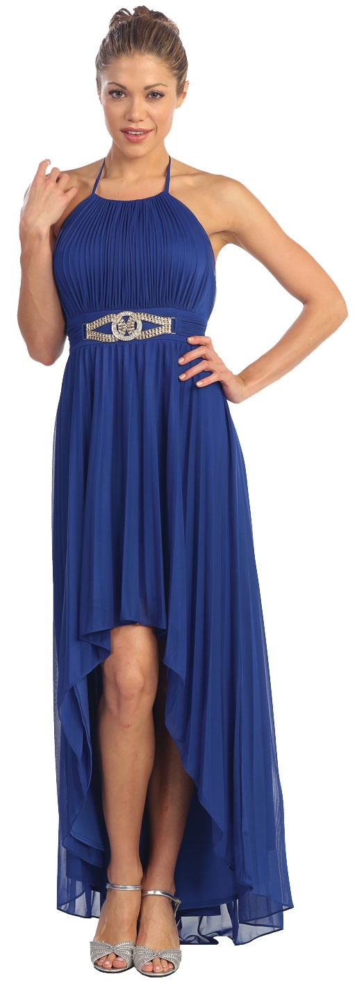 Halter Neck High Low Cocktail Prom Dress with Brooch — in Royal Blue