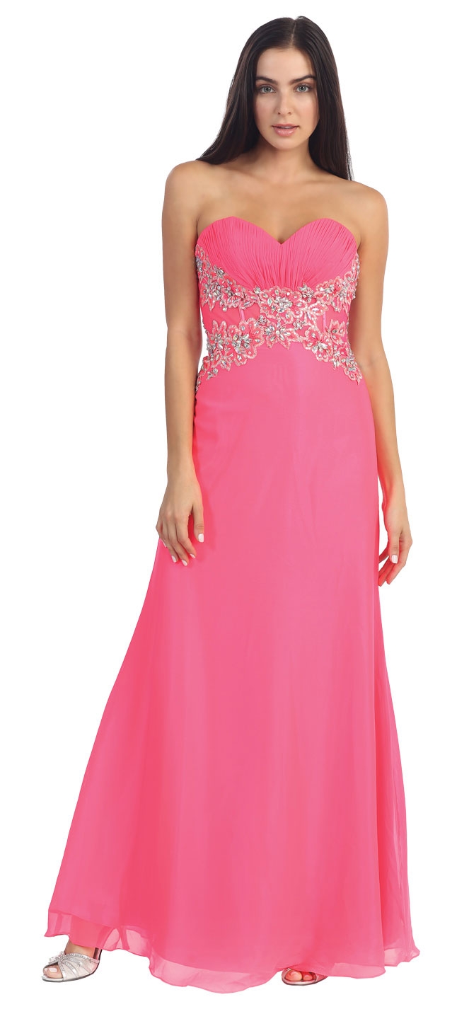 Strapless Floral Beaded Waist Long Formal Prom Dress