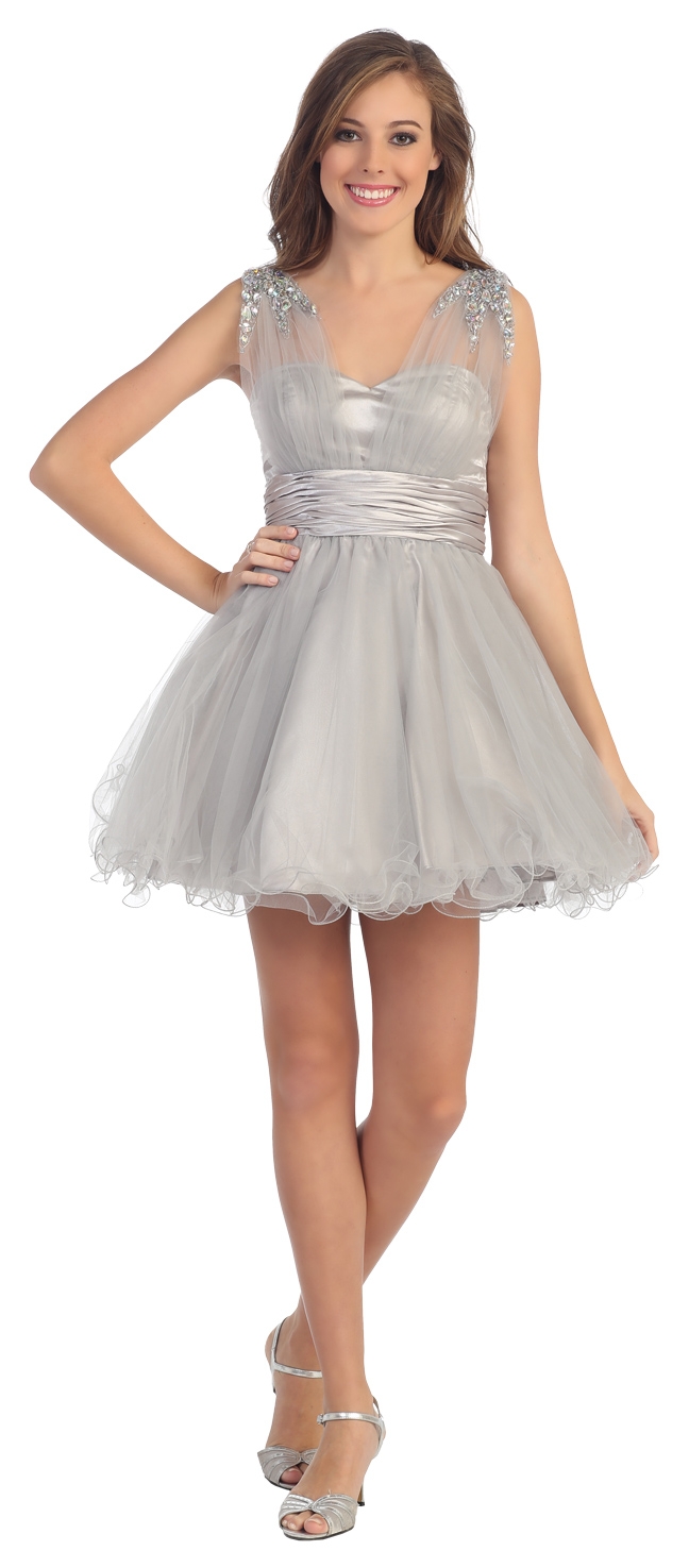 Sweetheart Neck Layered Mesh Short Party Prom Dress — in Silver