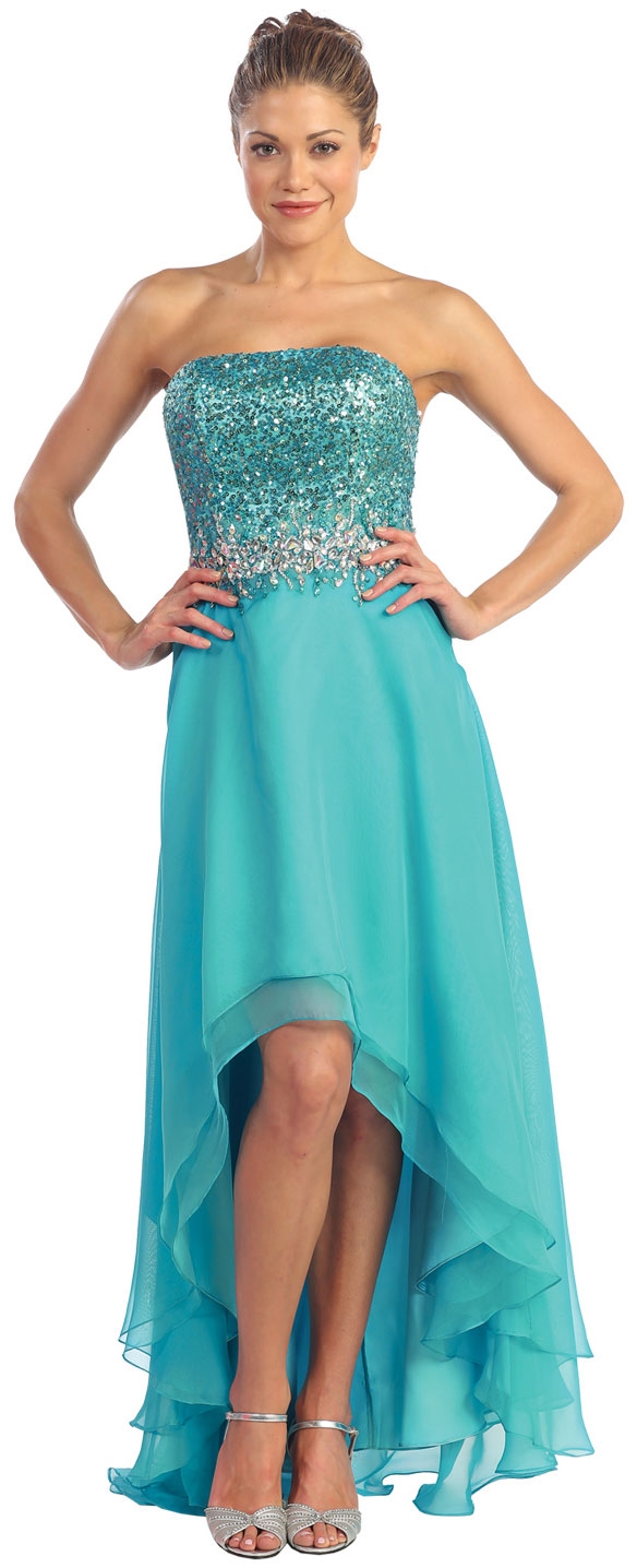 Strapless Hi-Low Formal Prom Dress with Sequin Bodice — in Teal