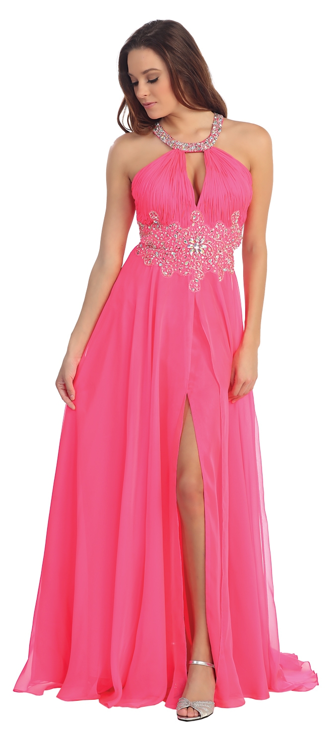 Halter Neck Rhinestone Waist Long Formal Prom Dress