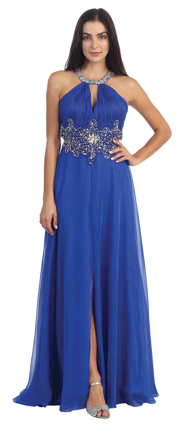 Halter Neck Rhinestone Waist Long Formal Prom Dress — in Royal Blue
