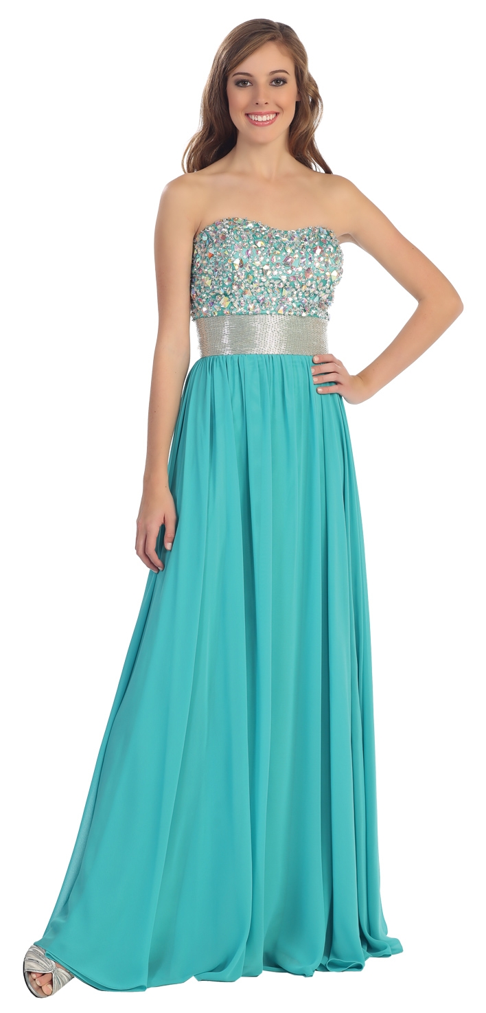 Bejeweled Bust Floor Length Formal Evening Prom Dress — in Teal