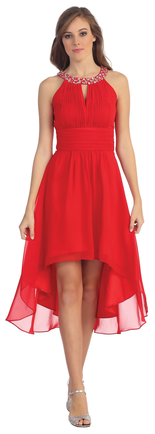 Round Neck Pleated Bust High Low Party Dress — in Red