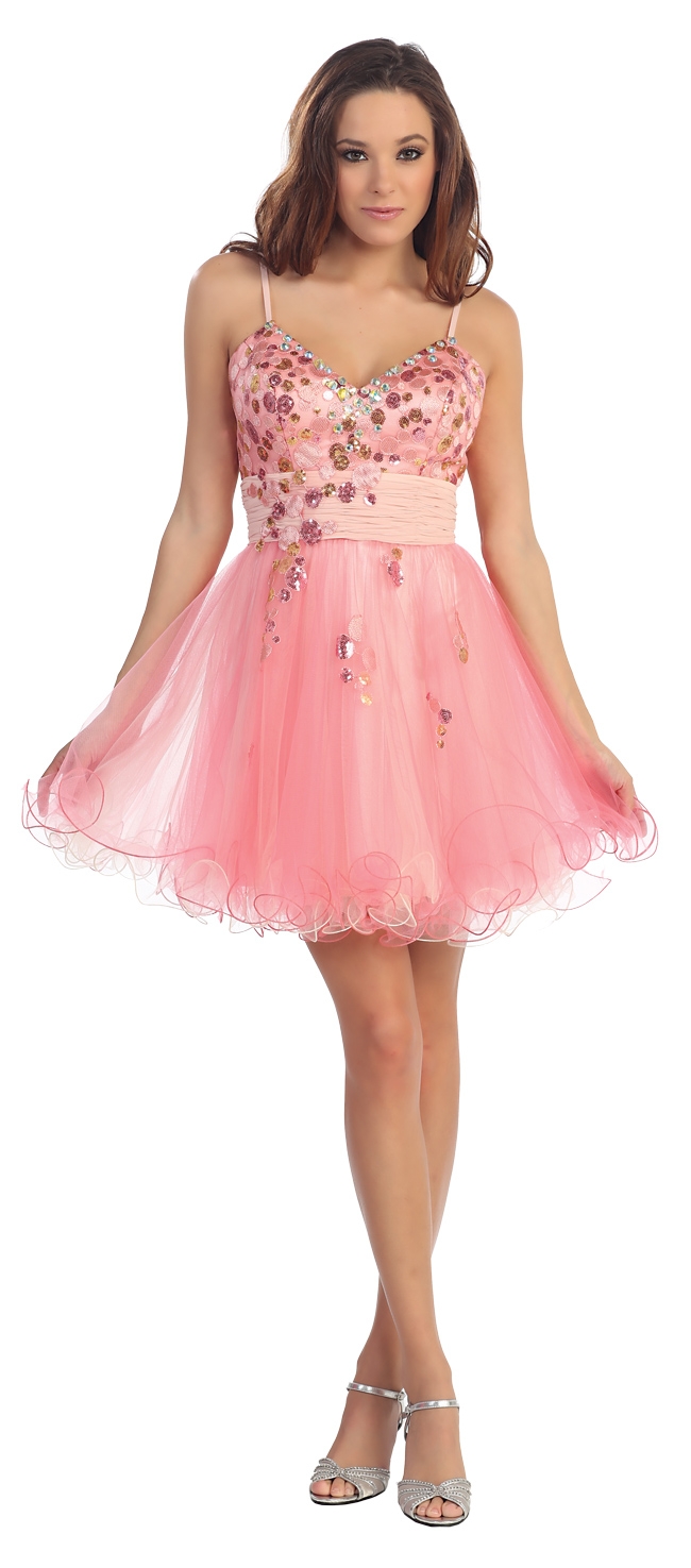 V-Neck Spaghetti Straps Short Mesh Party Prom Dress