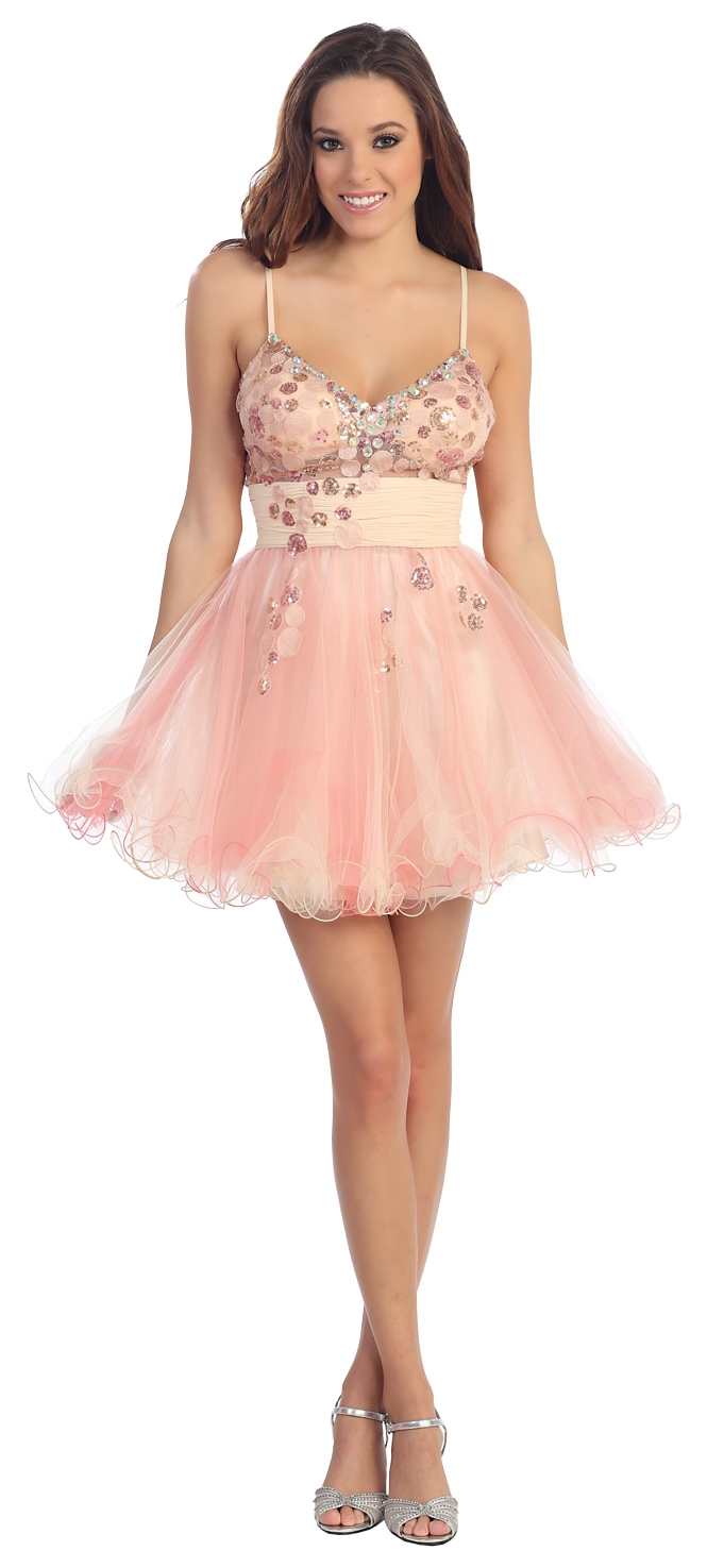 V-Neck Spaghetti Straps Short Mesh Party Prom Dress — in Light Peach