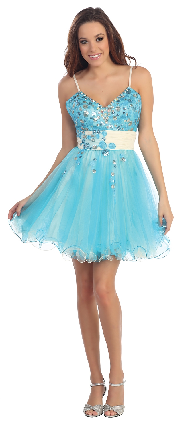 V-Neck Spaghetti Straps Short Mesh Party Prom Dress — in Light Turquoise