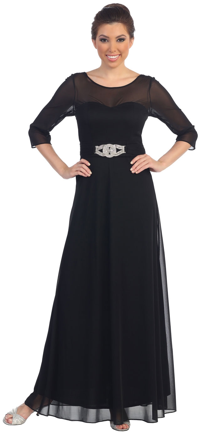Sheer Neck Bejeweled Waist Long Formal MOB Dress
