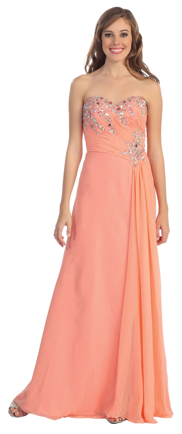 Strapless Rhinestones Bust Long Formal Prom Dress — in Coral