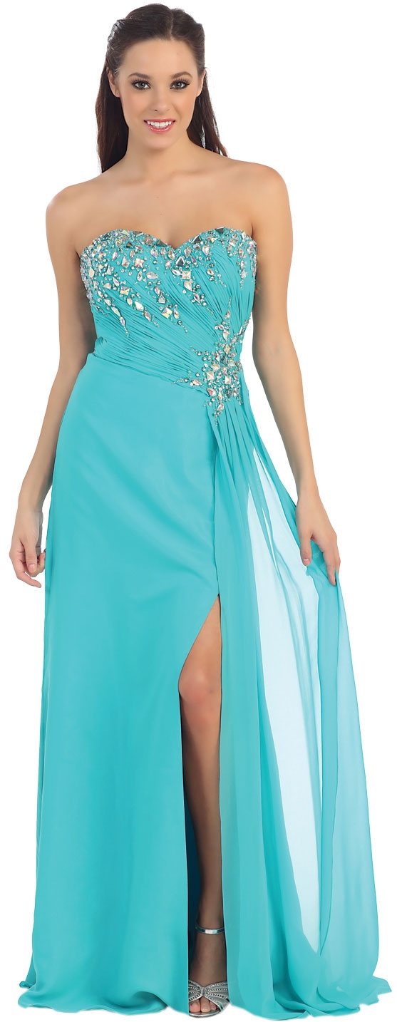 Strapless Rhinestones Bust Long Formal Prom Dress — in Turquoise