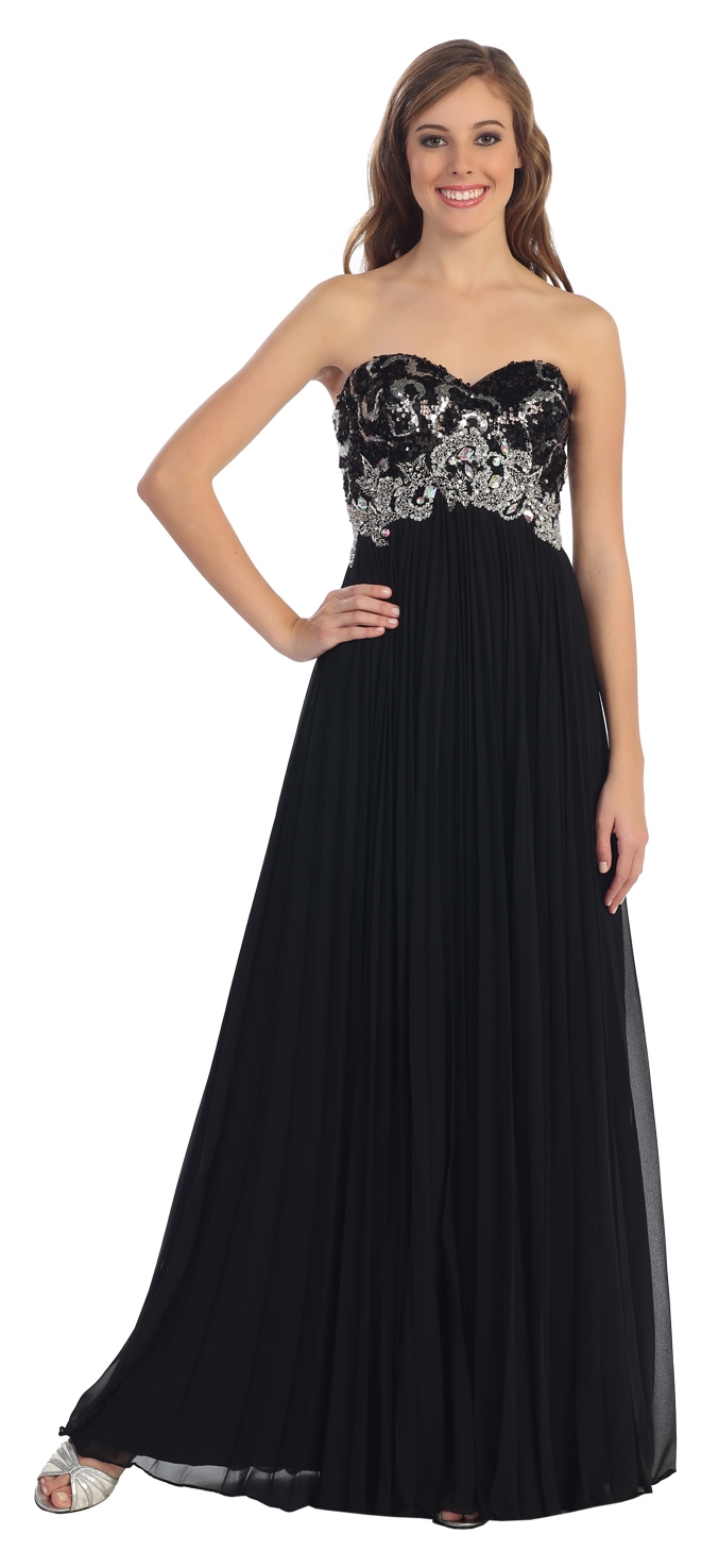 Strapless Sequins Bust Floor Length Formal Prom Dress — in Black