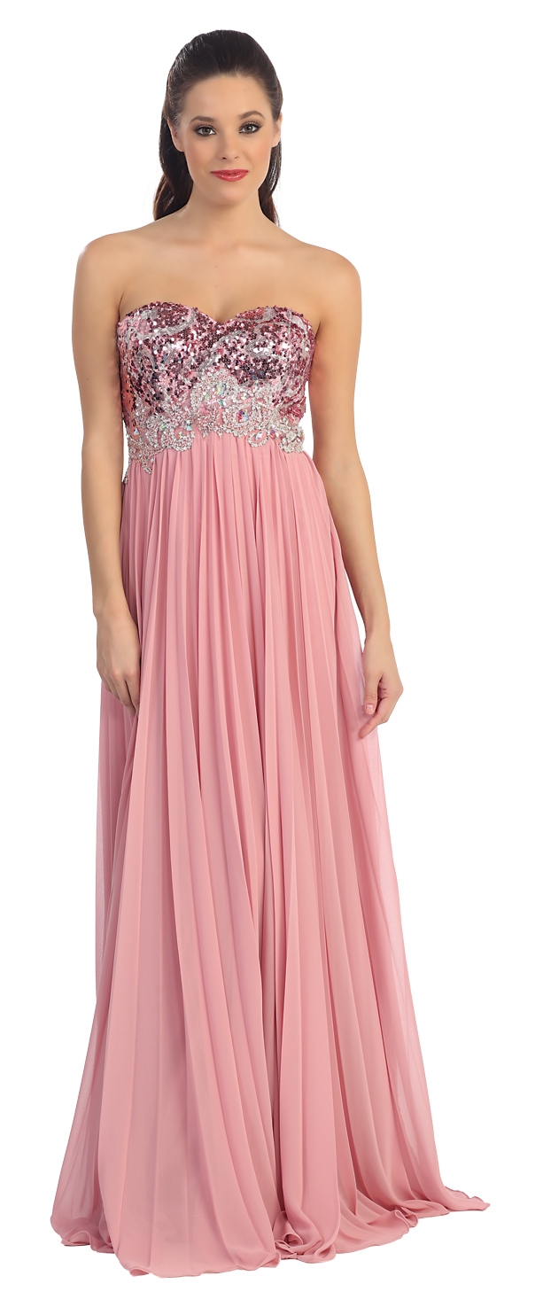 Strapless Sequins Bust Floor Length Formal Prom Dress — in Dusty Rose