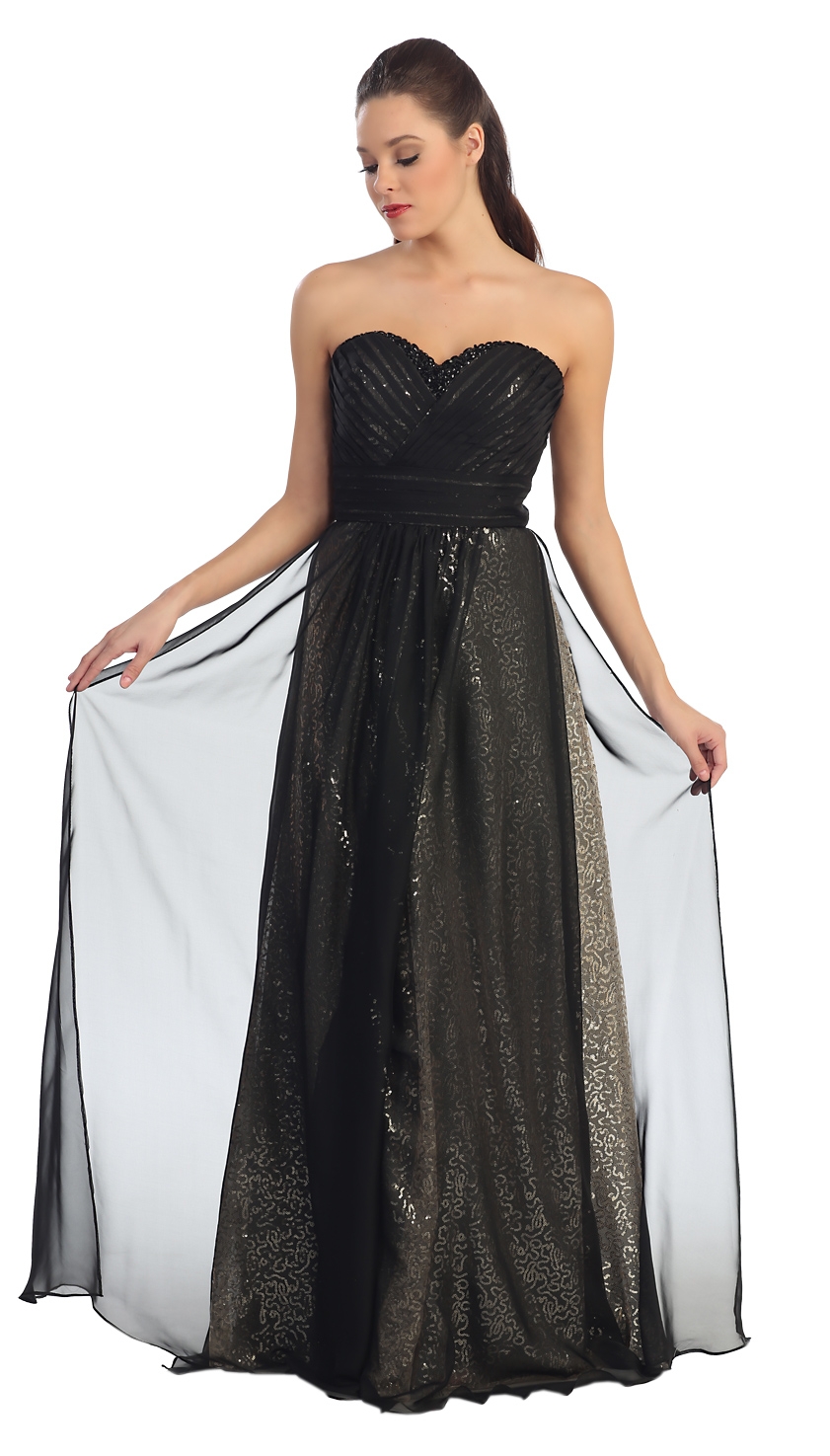 Strapless Pleats & Sequins Long Formal Evening Prom Dress