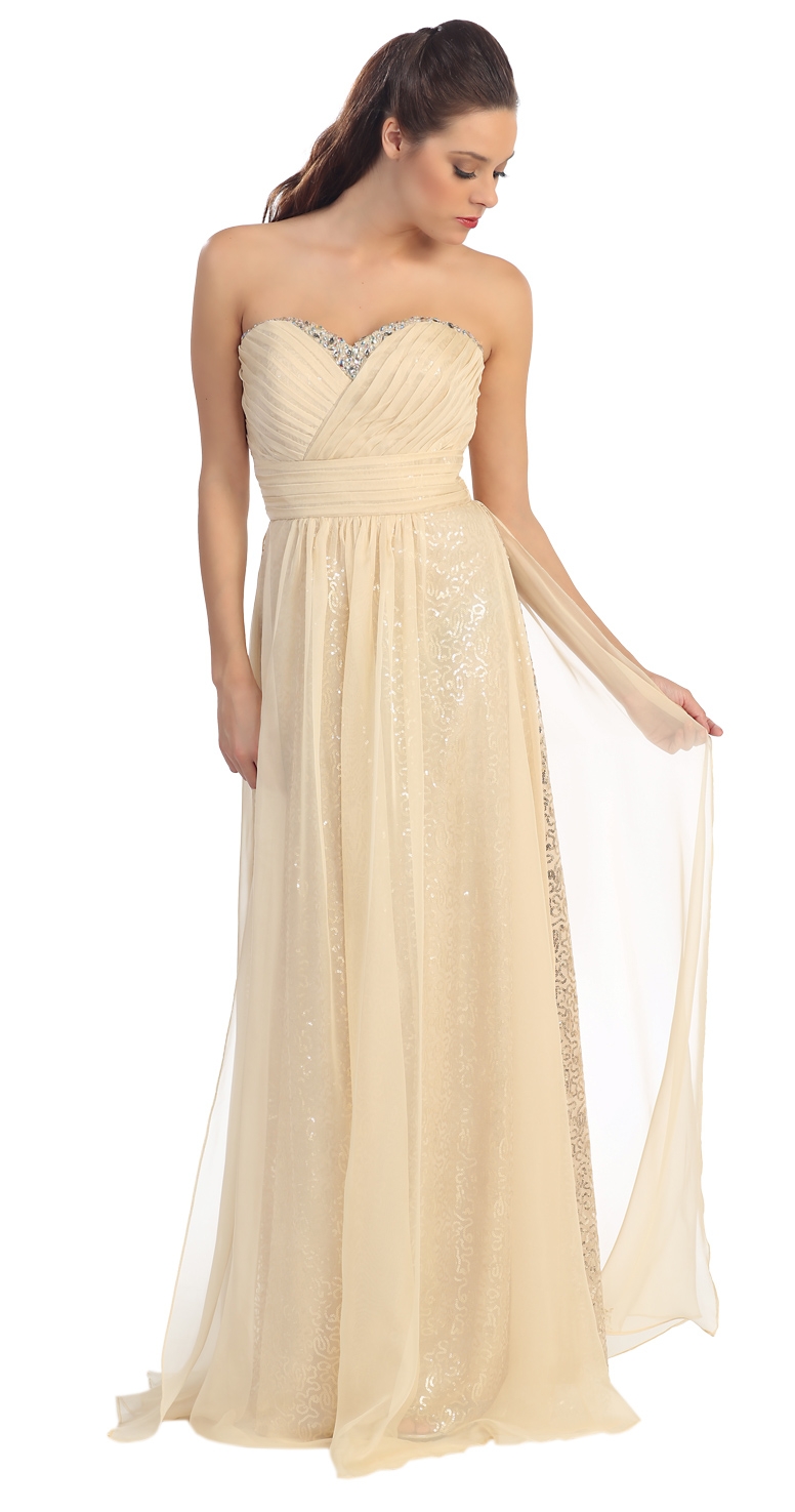 Strapless Pleats & Sequins Long Formal Evening Prom Dress — in Gold