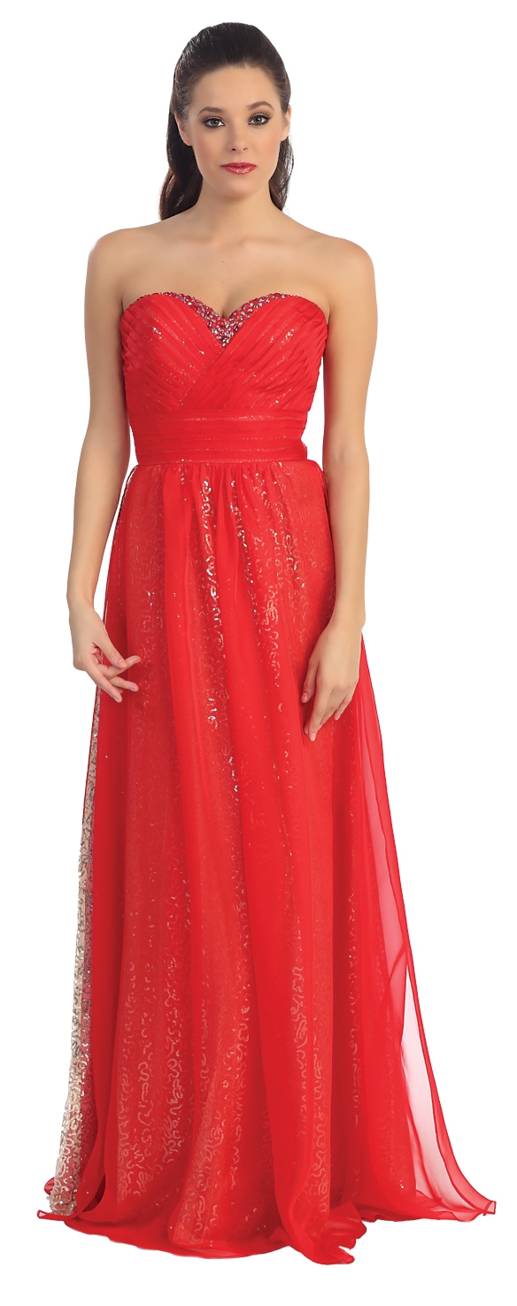 Strapless Pleats & Sequins Long Formal Evening Prom Dress — in Red
