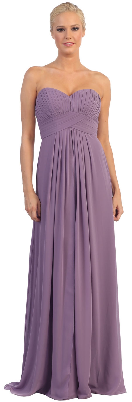 Strapless Empire Cut Pleated Long Bridesmaid Prom Dress — in Lilac