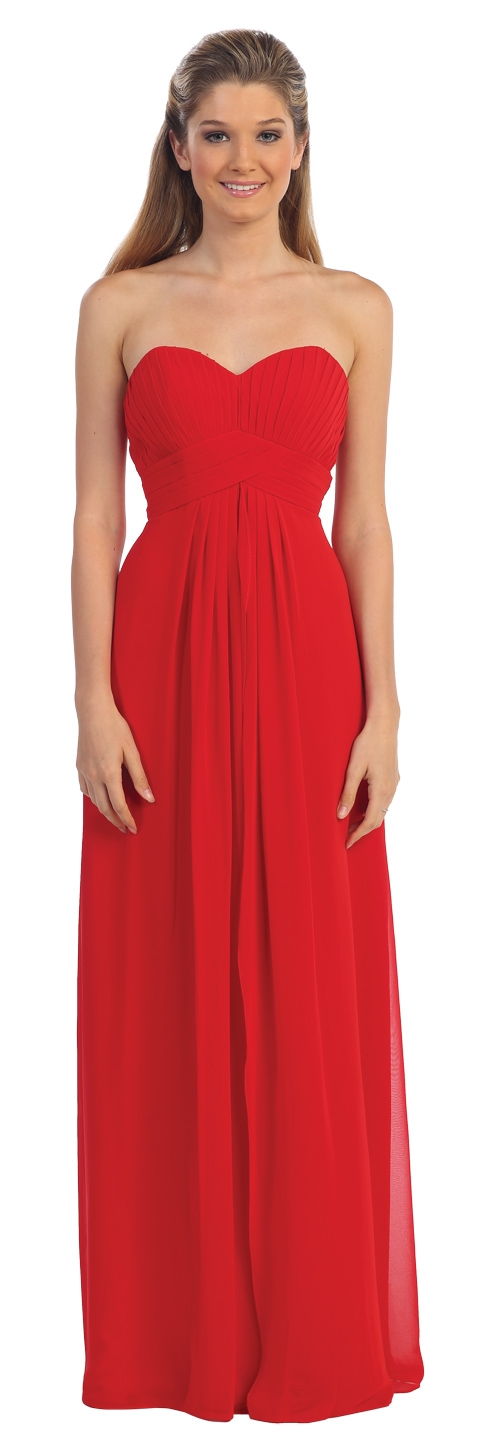 Strapless Empire Cut Pleated Long Bridesmaid Prom Dress — in Red