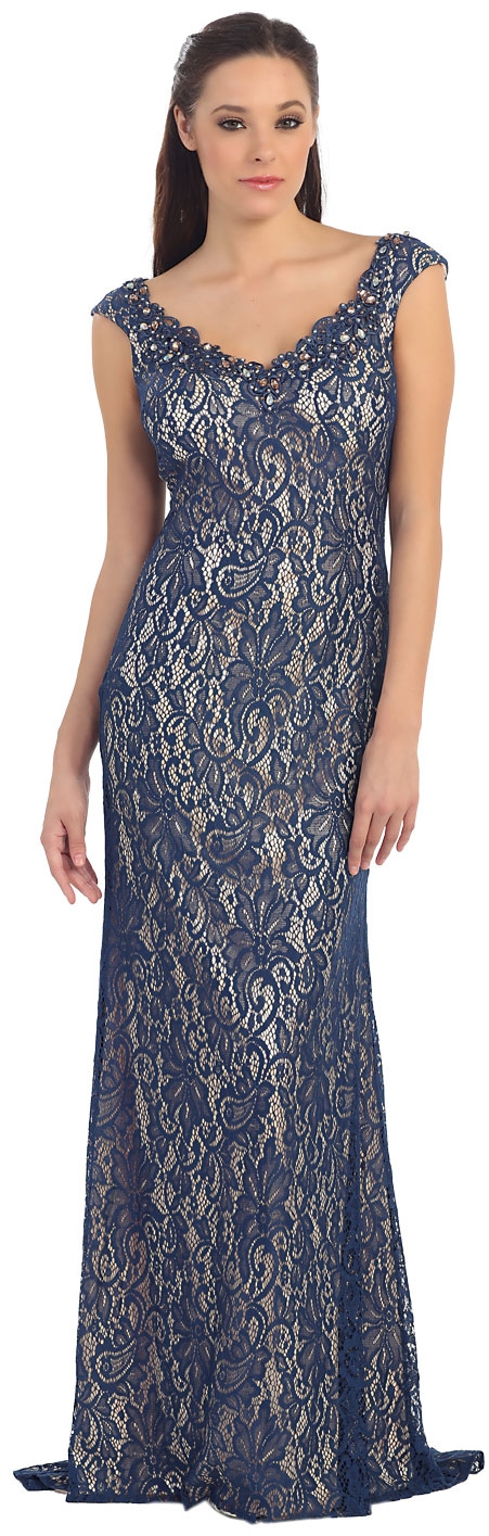 V-Neck Sleeveless Lace Long Formal Evening Prom Dress — in Navy