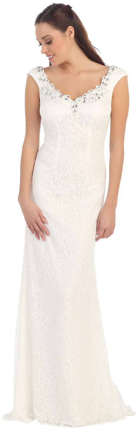 V-Neck Sleeveless Lace Long Formal Evening Prom Dress — in Off White