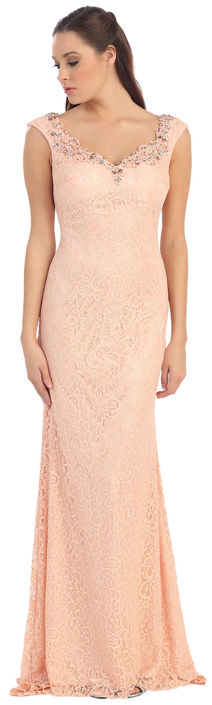 V-Neck Sleeveless Lace Long Formal Evening Prom Dress — in Peach