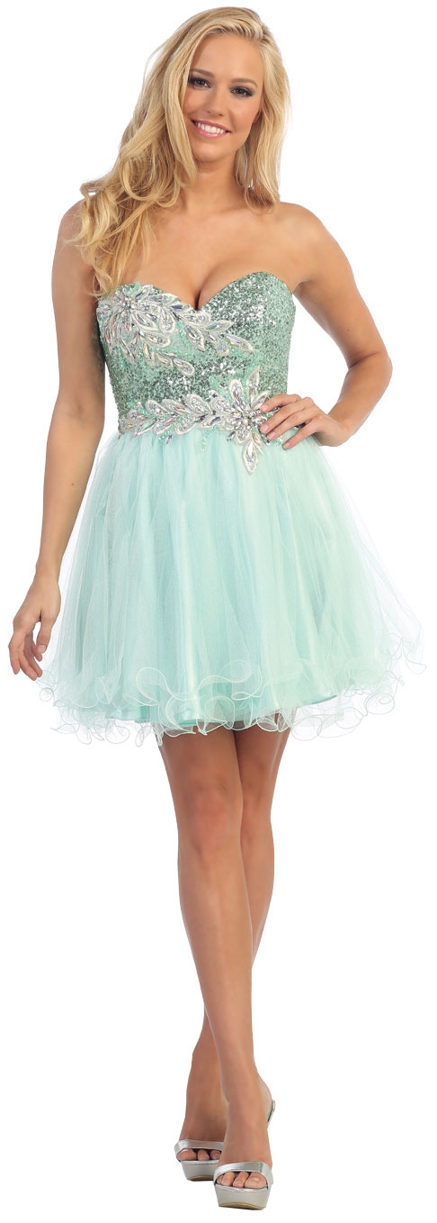 Strapless Floral Sequins Bust Tulle Short Party Prom Dress